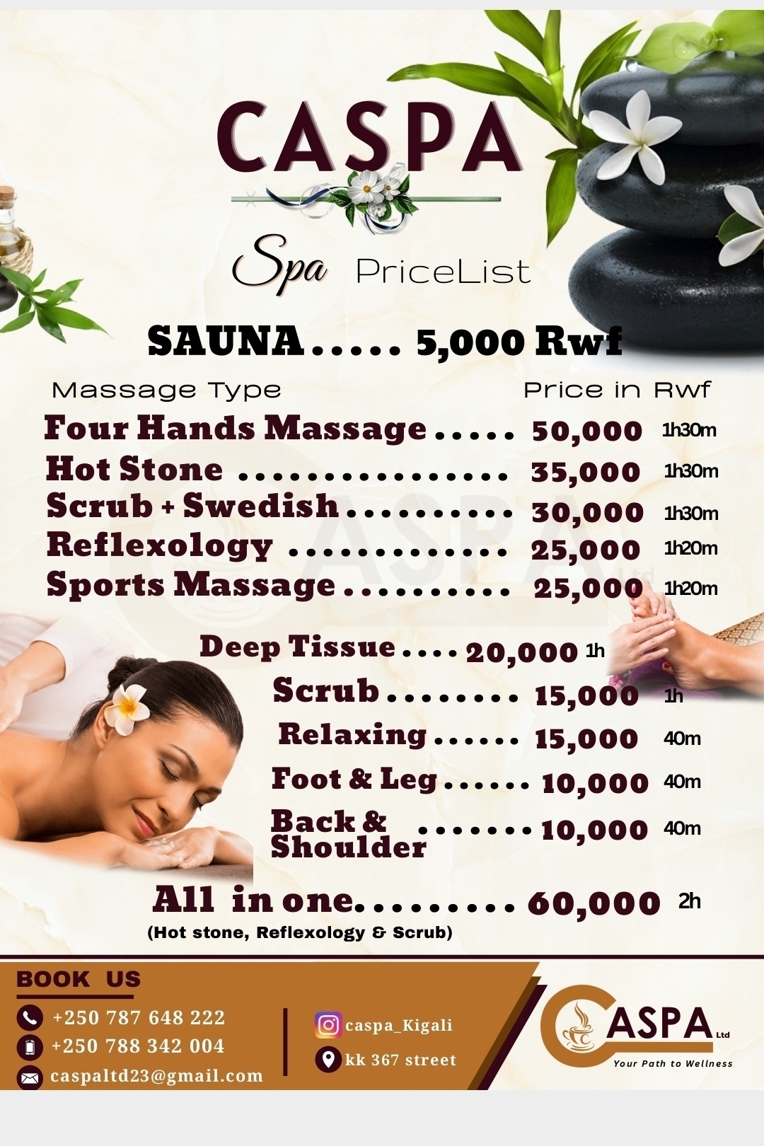 Sauna and Massage Menu